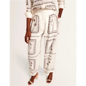 Ted Baker Ivory ORNITHA Panel Print Silk Linen Wide Leg Trousers Size US 4